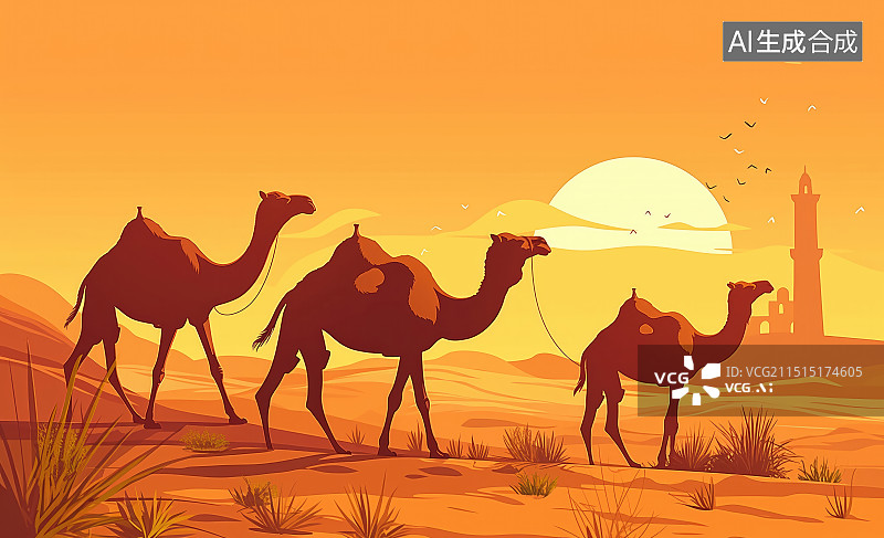 【AI数字艺术】沙漠和驼队图片素材
