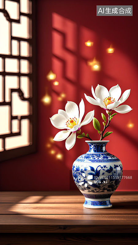 【AI数字艺术】3D渲染，中式审美，喜庆红色背景，红墙，瓷器，花瓶插花，玉兰，古典装饰，背景图图片素材