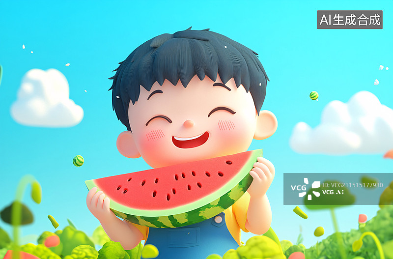 【AI数字艺术】二十四节气立夏节气小孩吃西瓜解暑卡通插画图片素材