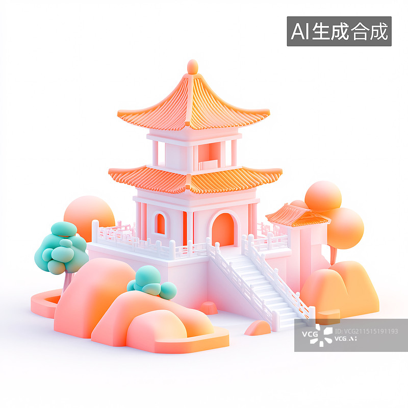 【AI数字艺术】3D渲染中式古建筑中国风场景概念插图图片素材