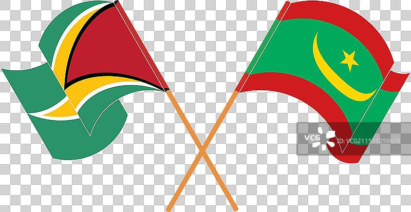 圭亚那与毛里塔尼亚交叉挥舞的旗帜图片素材