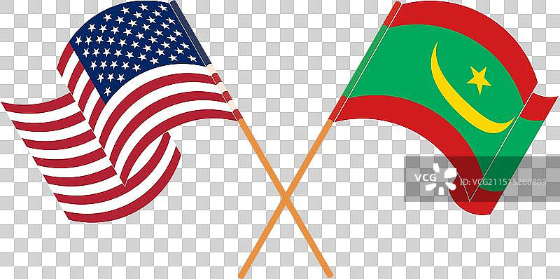 美国与毛里塔尼亚交叉飘扬的旗帜图片素材