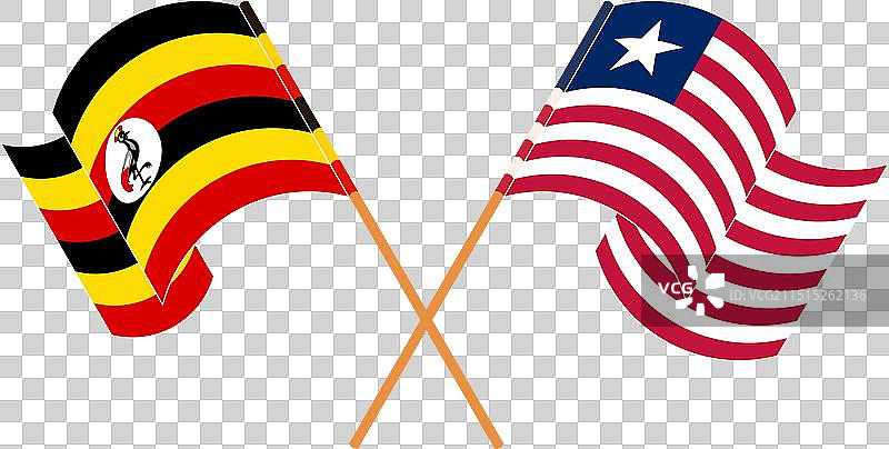 乌干达与利比里亚交叉飘扬的旗帜图片素材