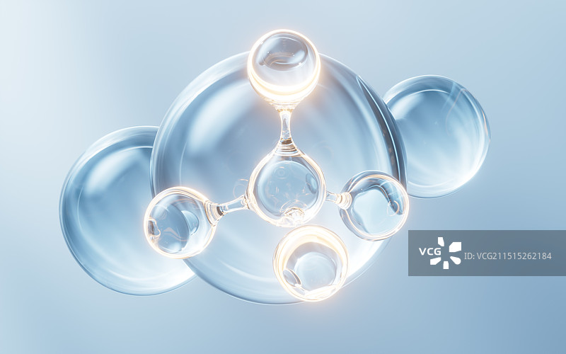 蓝色透明分子与水珠三维渲染图片素材