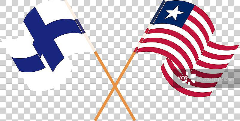 芬兰与利比里亚交叉飘扬的旗帜图片素材