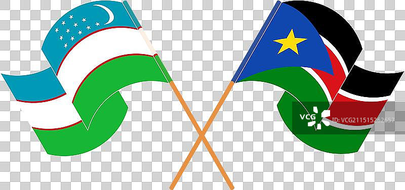 乌兹别克斯坦和某南方国家交叉飘扬的旗帜图片素材
