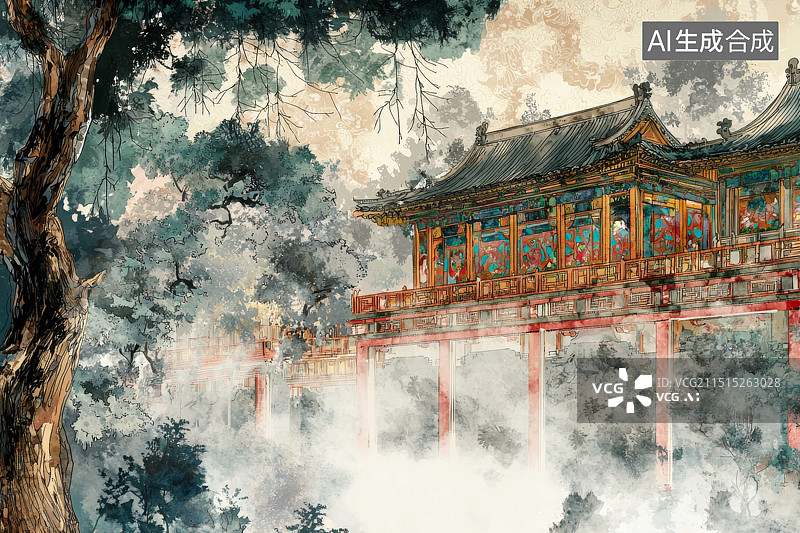 【AI数字艺术】云雾缭绕的山间寺庙水墨画图片素材