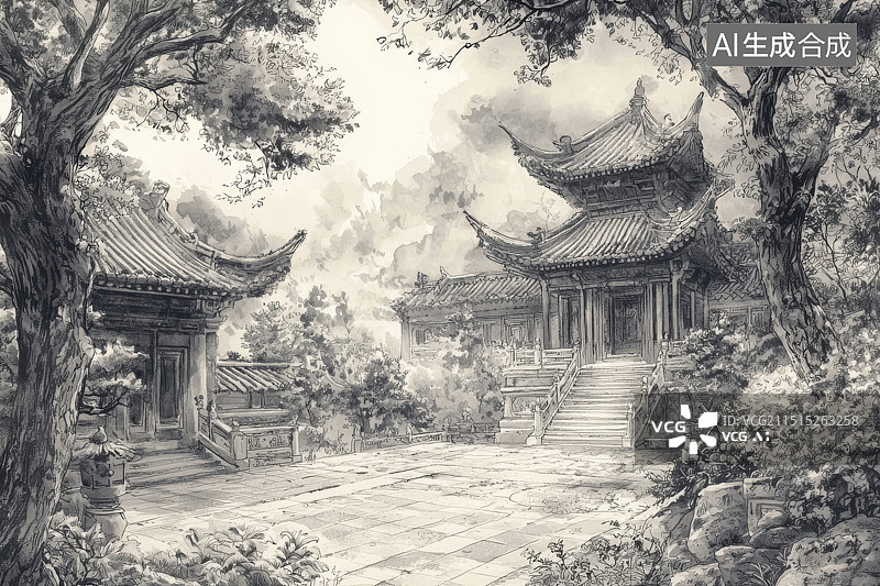 【AI数字艺术】古代寺庙的水墨画图片素材