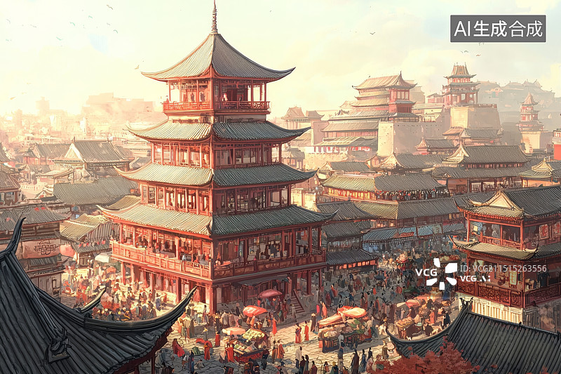 【AI数字艺术】古代城市中宝塔与节日庆典图片素材