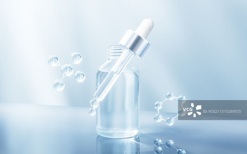 透明护肤品瓶子与滴管三维渲染图片素材
