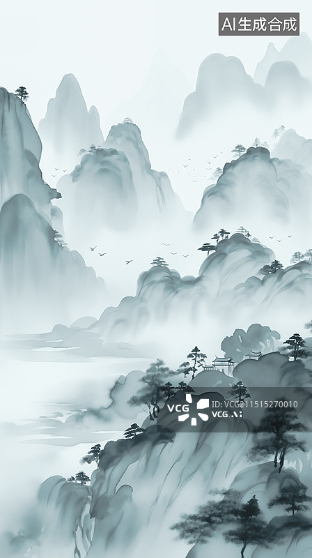 【AI数字艺术】中国风的水墨山水画图片素材