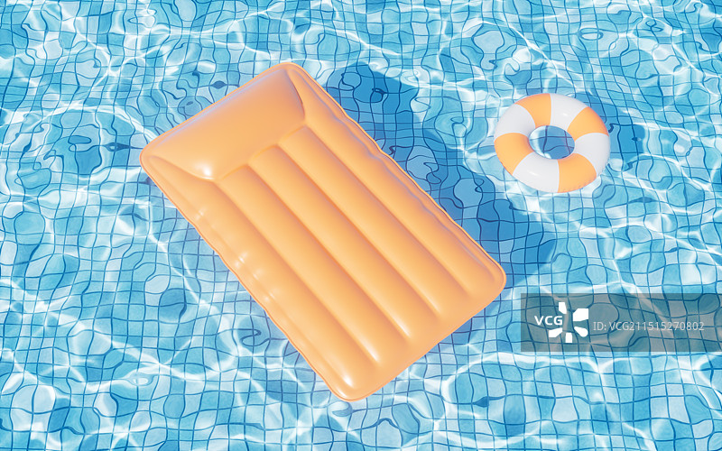 游泳池里漂浮的气垫床三维渲染图片素材