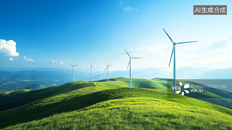 【AI数字艺术】高山草甸与风车发电图片素材