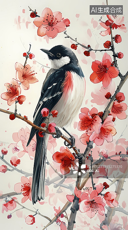【AI数字艺术】中国水墨喜鹊梅花插画海报背景图片素材