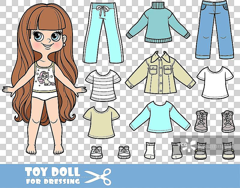 卡通长发黑发女孩和衣服图片素材