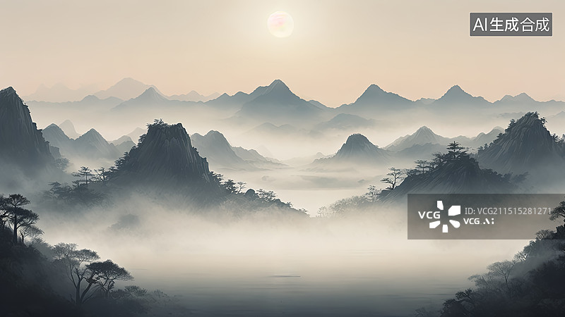 【AI数字艺术】国潮风格高山云海画插画图片素材