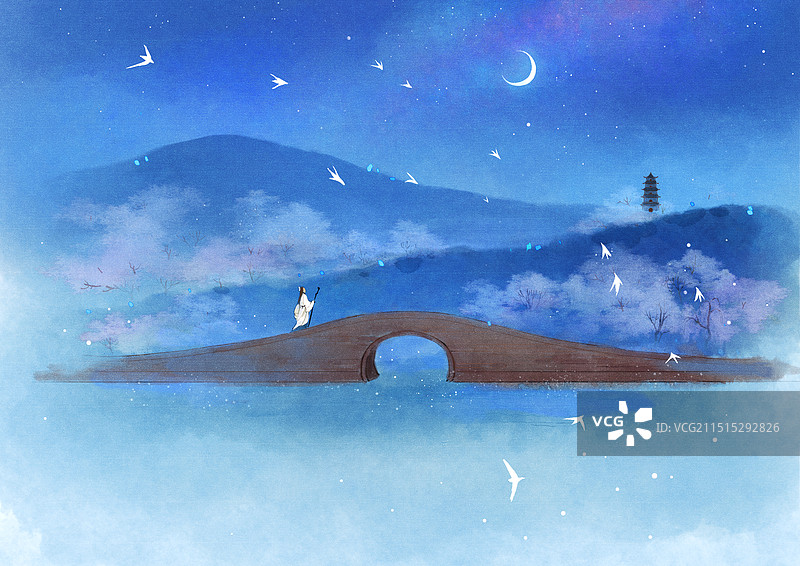 西湖断桥夜晚风景插画图片素材