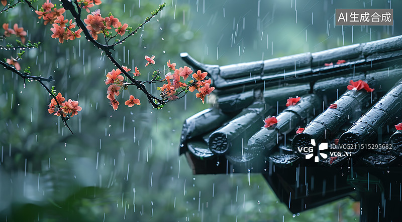 【AI数字艺术】下雨的中式建筑屋檐图片素材
