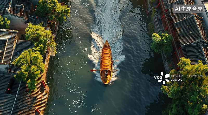 【AI数字艺术】船在古镇河里图片素材