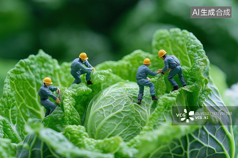 【AI数字艺术】微缩景观几个在白菜上攀爬的小人图片素材