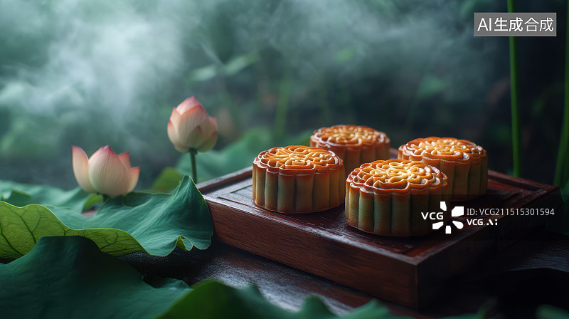 【AI数字艺术】中秋月饼和荷花图片素材
