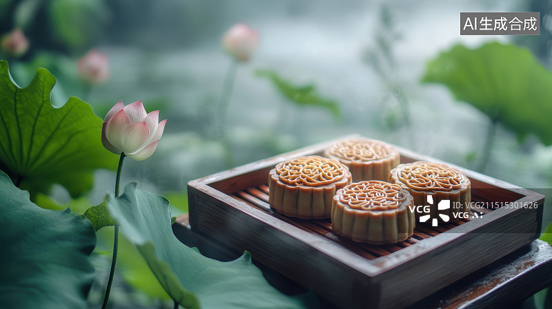 【AI数字艺术】中秋月饼和荷花图片素材