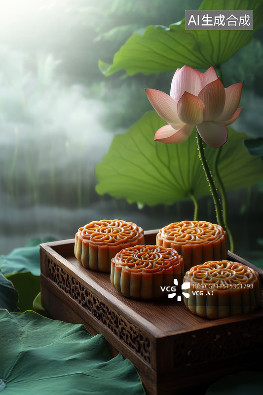 【AI数字艺术】中秋月饼和荷花图片素材