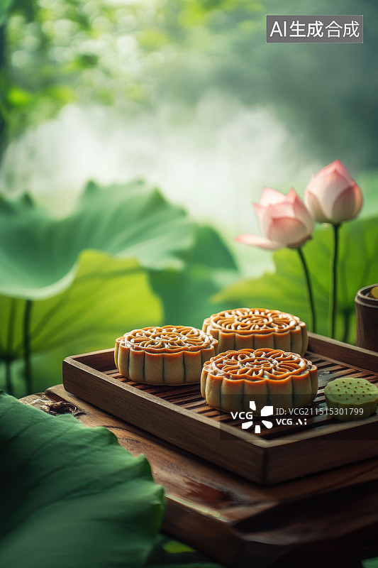 【AI数字艺术】中秋月饼和荷花图片素材