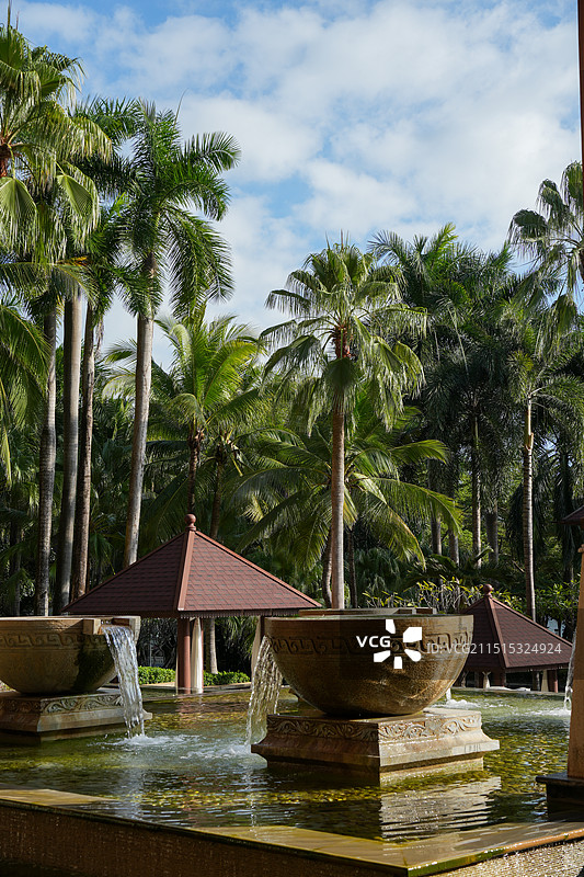 海南 三亚 海南三亚 海滨城市建筑风貌 海韵度假酒店 东南亚风酒店 门口 亭子 椰树 喷泉 水池图片素材