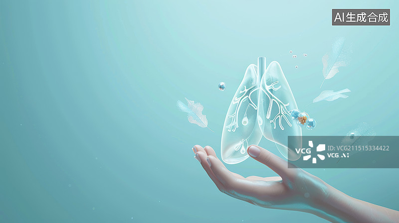 【AI数字艺术】3D一只手捧起肺部的防止雾霾白肺保护呼吸系统预防疾病概念绿色医疗卫生科技渲染背景图片素材