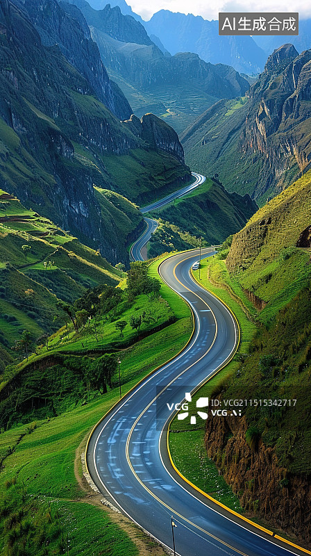 【AI数字艺术】绿意盎然的峡谷公路图片素材