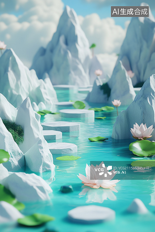 【AI数字艺术】清新明亮玄幻山间仙境水池3D立体展台图片素材