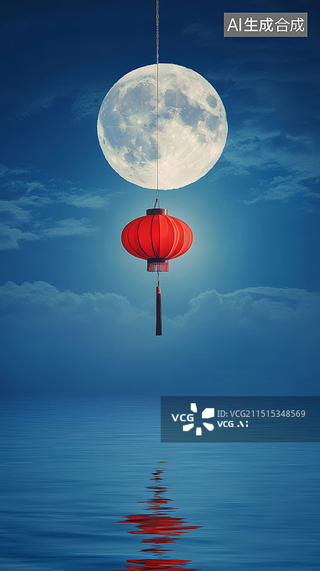 【AI数字艺术】中秋背景，灯笼和满月倒影图片素材