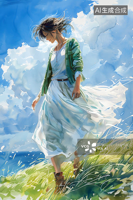 【AI数字艺术】一个漂亮穿连衣裙少女在海边散步图片素材