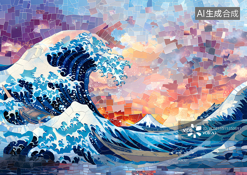 【AI数字艺术】日本浮世绘风格海浪插画图片素材