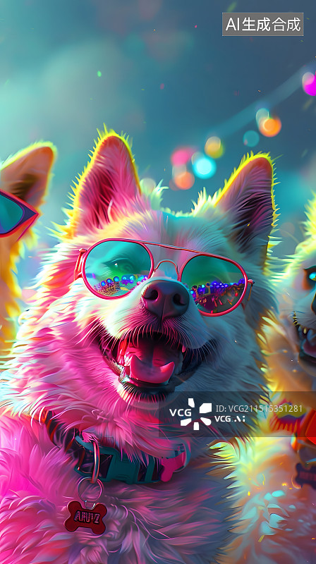 【AI数字艺术】派对活动绚丽色彩戴太阳镜的狗的特写镜头沙滩时尚涂鸦图片素材