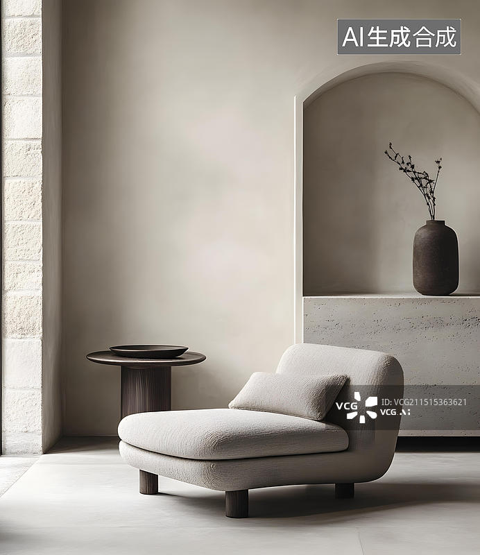 【AI数字艺术】极简主义客厅设计，现代扶手椅和咖啡桌图片素材