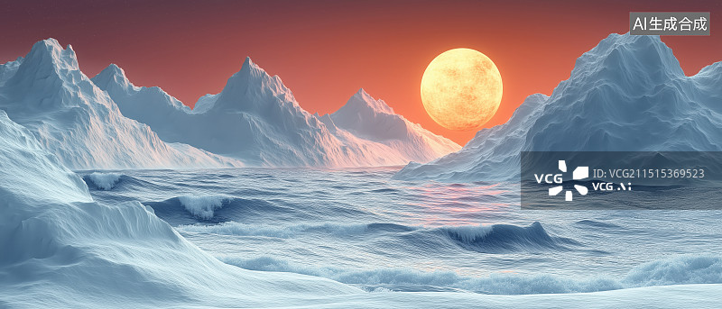 【AI数字艺术】超现实月夜群山风景背景图片素材