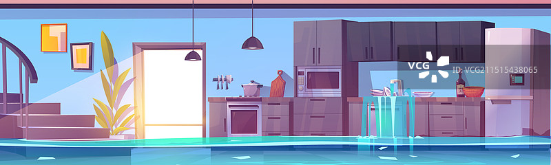 厨房被堵塞水槽溢出的水淹没图片素材