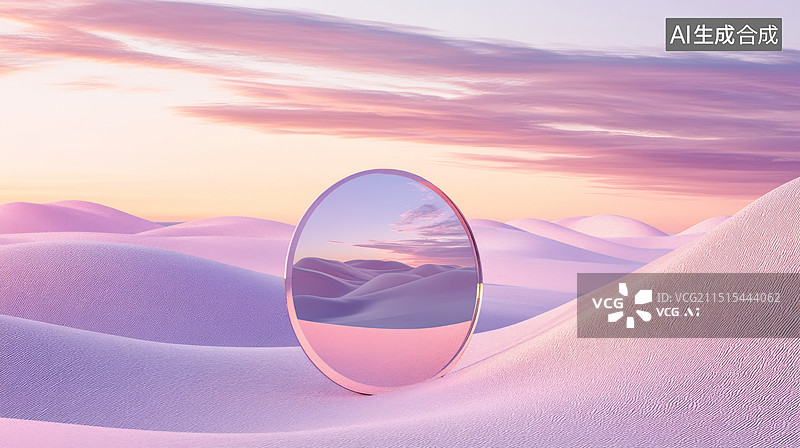 【AI数字艺术】粉色沙漠里抽象的镜子图片素材