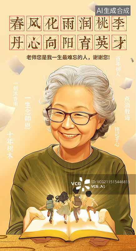 【AI数字艺术】创意手绘插画教师节海报女老师学生奔跑背影图片素材