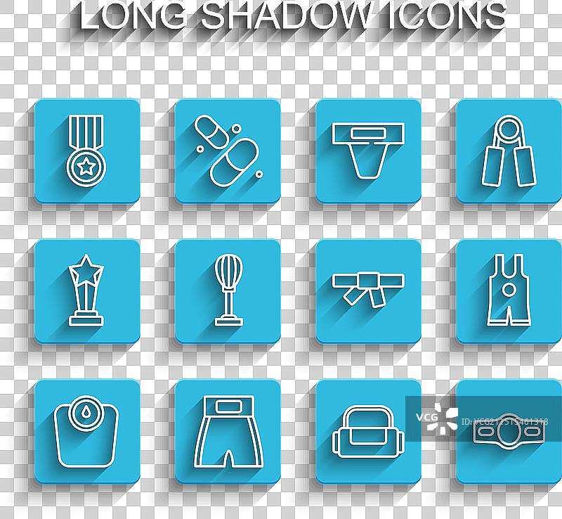 浴室秤、拳击短裤和体育奖牌线条组合图片素材