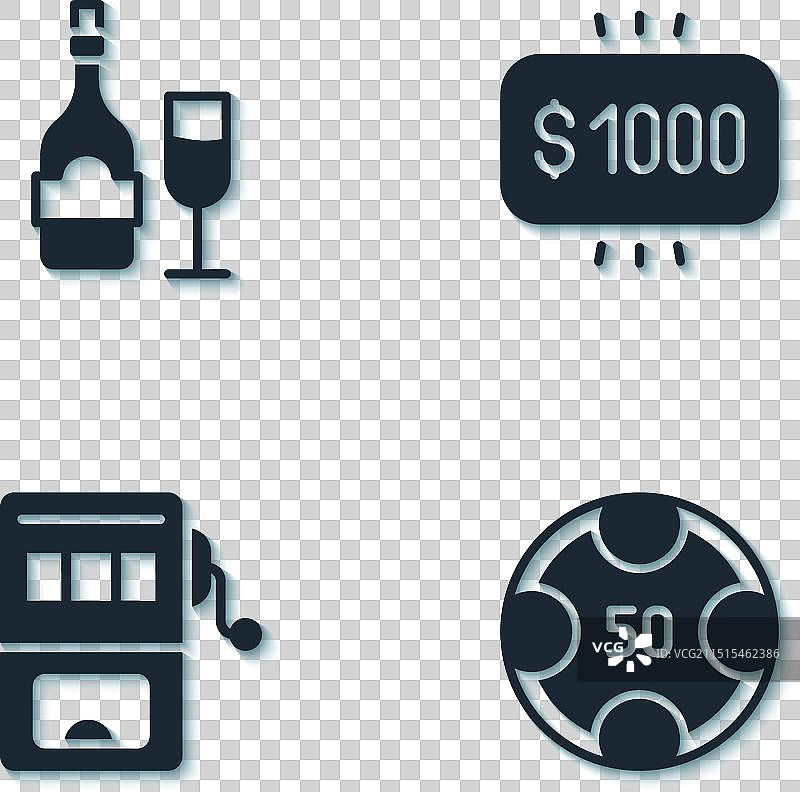 香槟酒瓶和酒杯赌场筹码老虎机组合图片素材