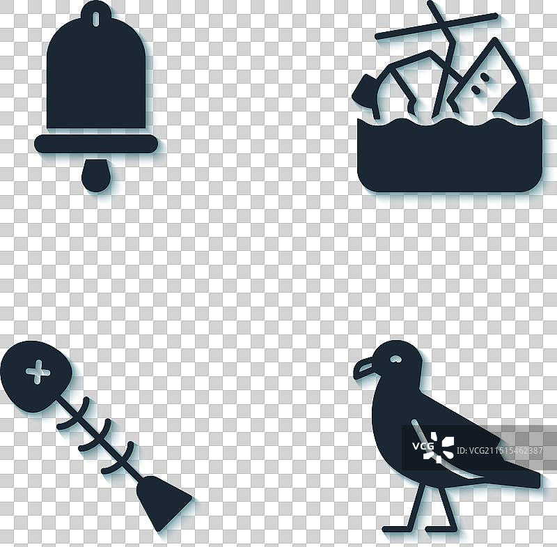 船钟、鸟、海鸥、死鱼和沉没物组合图片素材