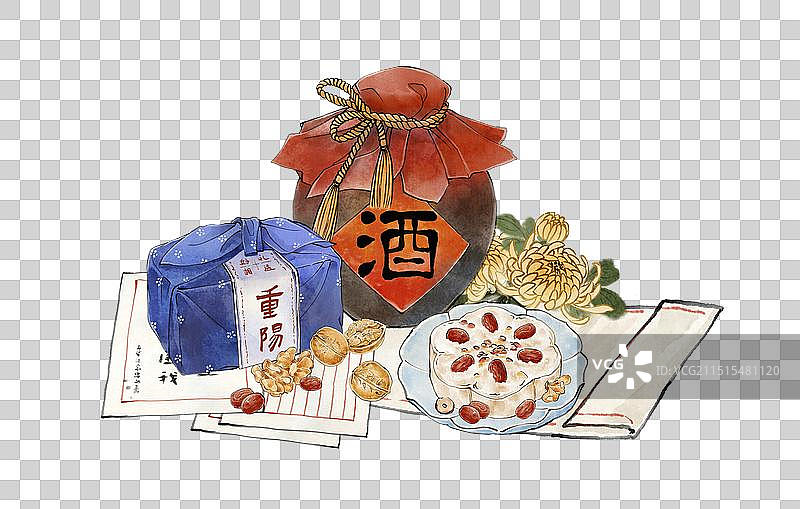重阳节习俗菊花重阳糕和酒—国画古风水墨国风元素图片素材