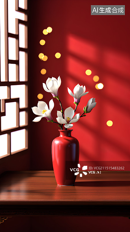 【AI数字艺术】3D渲染，中式审美，喜庆红色背景，红墙，瓷器，花瓶插花，玉兰，古典装饰，背景图图片素材