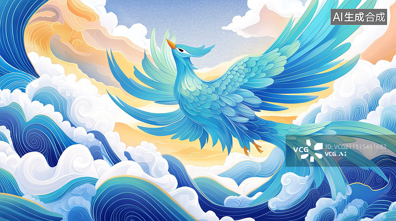 【AI数字艺术】海浪与蓝色神鸟卡通插画图片素材