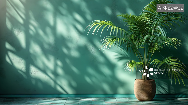 【AI数字艺术】极简风格绿色主题靠墙的盆栽特写镜头背景图片素材