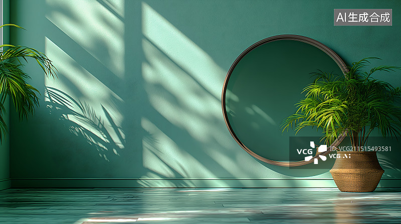 【AI数字艺术】极简风格绿色主室内镜子盆栽光影背景图片素材