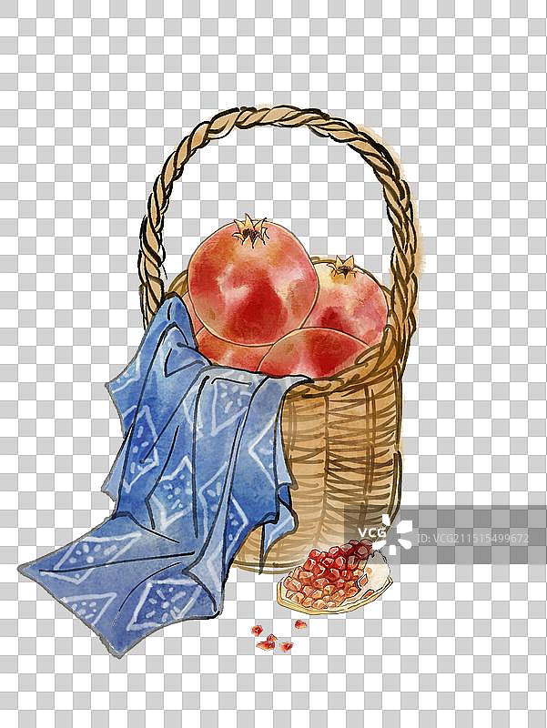 一筐石榴水彩清新水果石榴籽—国画古风水墨国风元素图片素材